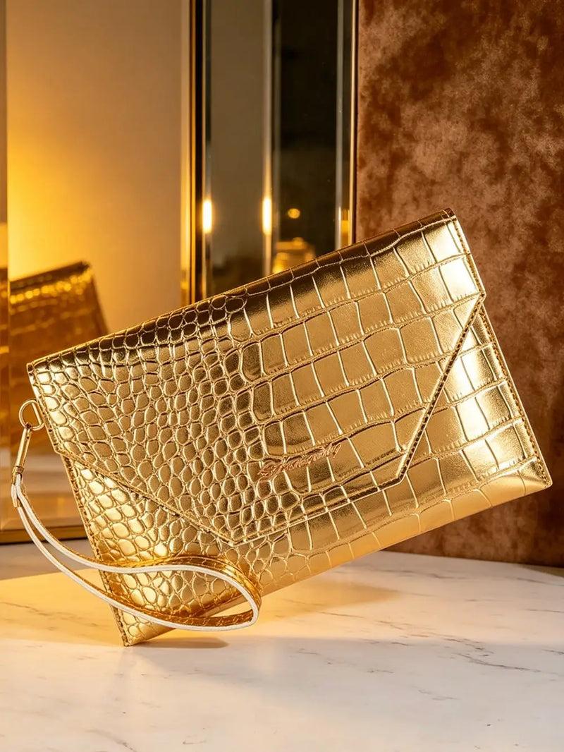 Gold Crocodile Texture Envelope Clutch for Women, Shiny Metal Bar Shoulder Strap, Fits Phones & Coins, Great for Dates, Commutes, Beach, Weddings & Parties-3