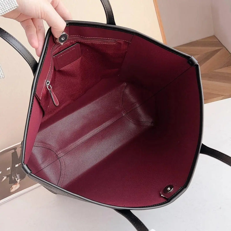 Black large tote bag with thin leather top handles, open-top design shoulder bag.-6