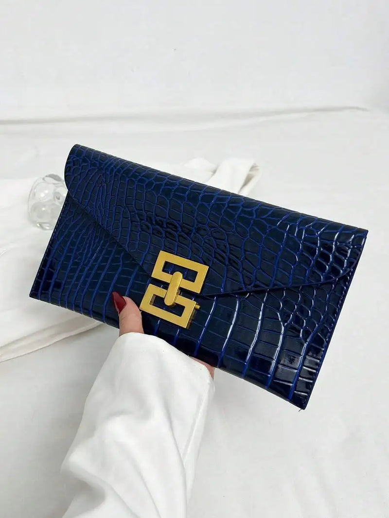 Red Crocodile Texture Clutch Bag With Gold Tone Lock Closure For Evening Party-9