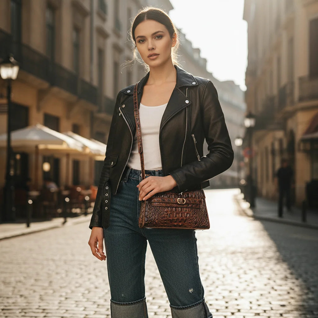 Women Rectangular Shoulder Crossbody Bag with Strap, Croc Embossed Structured Flap Handbag, Lightweight Pouch for Outdoor Camping Commute, Magnetic Snap Closure Multi Compartment Sling Purse for Phone Cosmetics Essentials-12