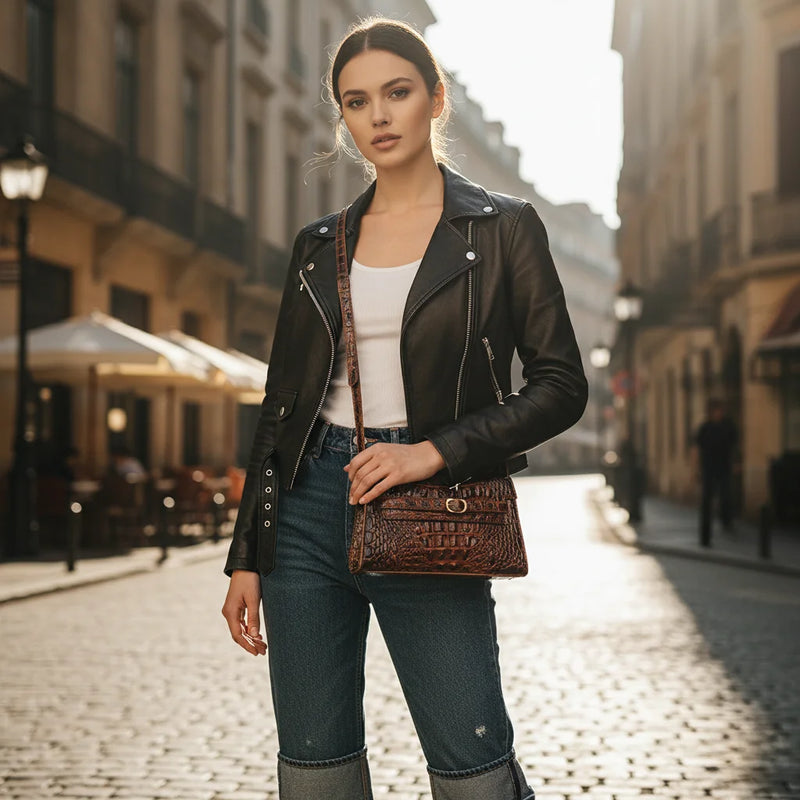 Women Rectangular Shoulder Crossbody Bag with Strap, Croc Embossed Structured Flap Handbag, Lightweight Pouch for Outdoor Camping Commute, Magnetic Snap Closure Multi Compartment Sling Purse for Phone Cosmetics Essentials-12