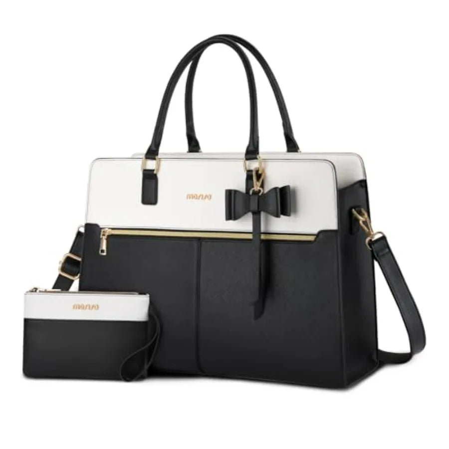 Laptop Tote Bag for Women, 15.6 inch Waterproof PU Leather Work Bag with Clutch Purse and Bowknot, Large Capacity Handbag Shoul