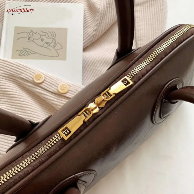 2025 New Boston Pillow Tote Women Real Leather Retro Bowling Bag Designer Handbag Large Capacity Crossbody Bags #54-10