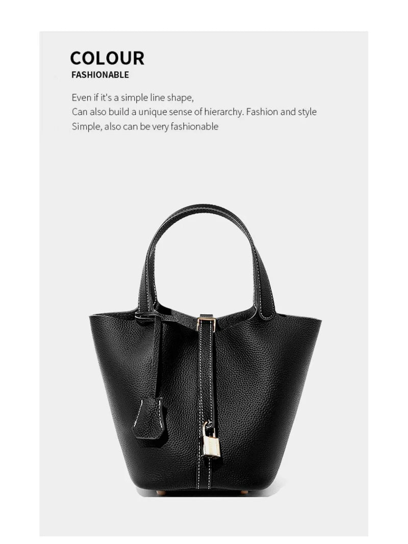 2025 Casual Fashion Female Genuine Leather Bucket Bag Luxury Handbag High-End Tote Bag Woman Cow Leather Mommy Bag & Metal Lock-31