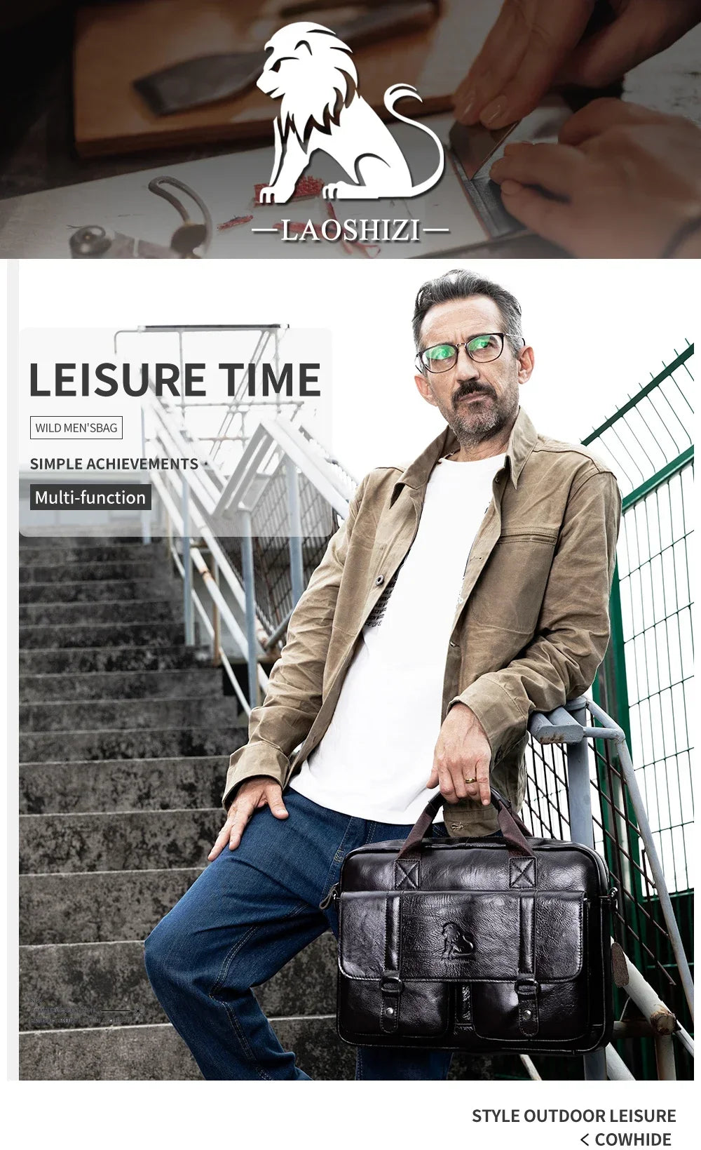 Genuine Leather Men Briefcase Double Front Pockets Large Capacity Laptop Bag Diagonal Cross Shoulder Handbag-7