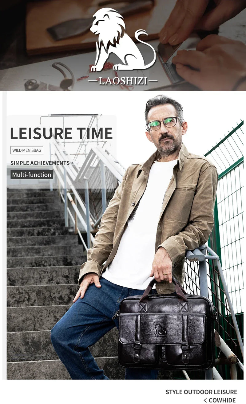 Genuine Leather Men Briefcase Double Front Pockets Large Capacity Laptop Bag Diagonal Cross Shoulder Handbag-7