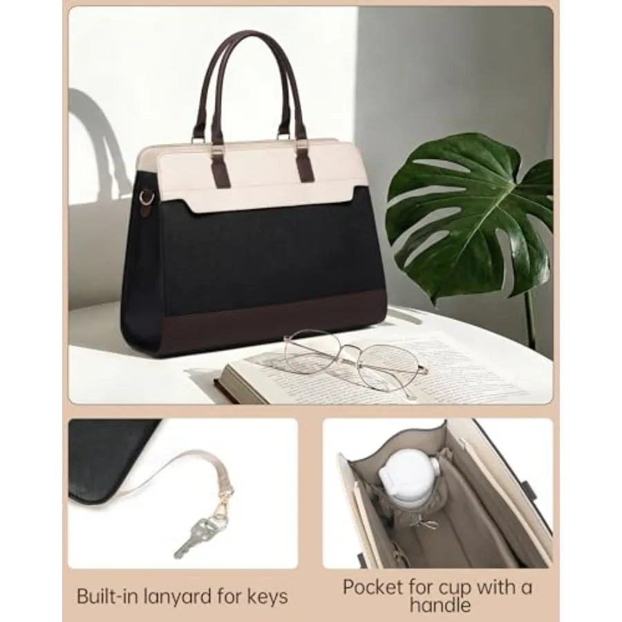 Laptop Bag for Women, 3PCS Vegan Leather Tote Bag for Work with 2 Straps, Teacher Purse Office Handbag Computer Briefcase-11