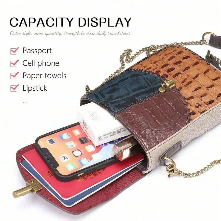 Genuine Leather Bag Female Niche New Ladies Crocodile Pattern Folk Style Shoulder Crossbody Personalized Casual Cowhide Splicing Chain Cell Phone Bag Commuter All Seasons-3