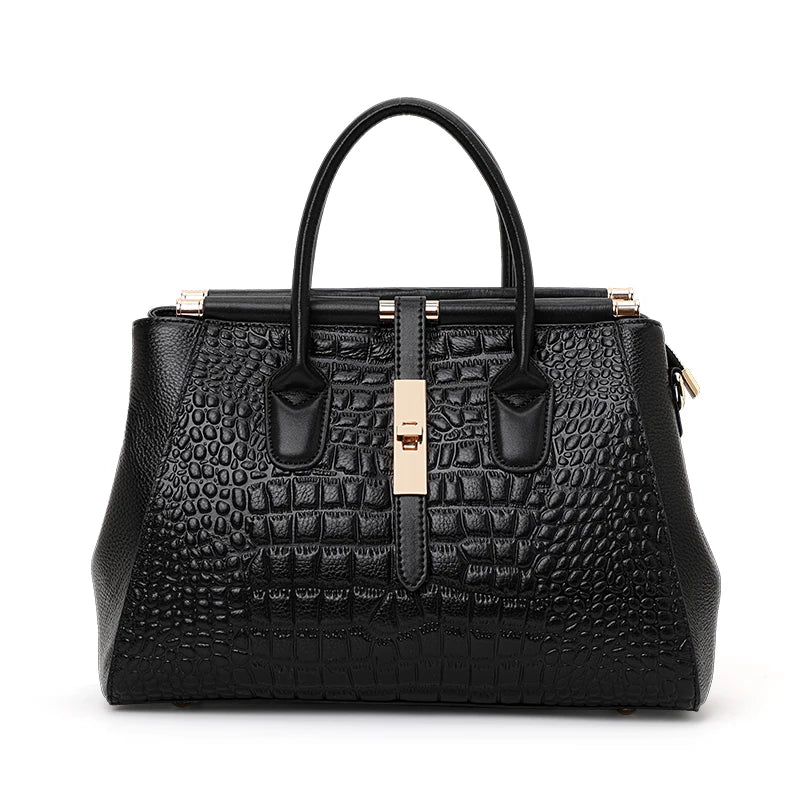 Classic Black Croc Print Cow Leather Handbag Ladies Metal Twist Lock Tote Bag With Detachable Crossbody Shoulder Strap-23