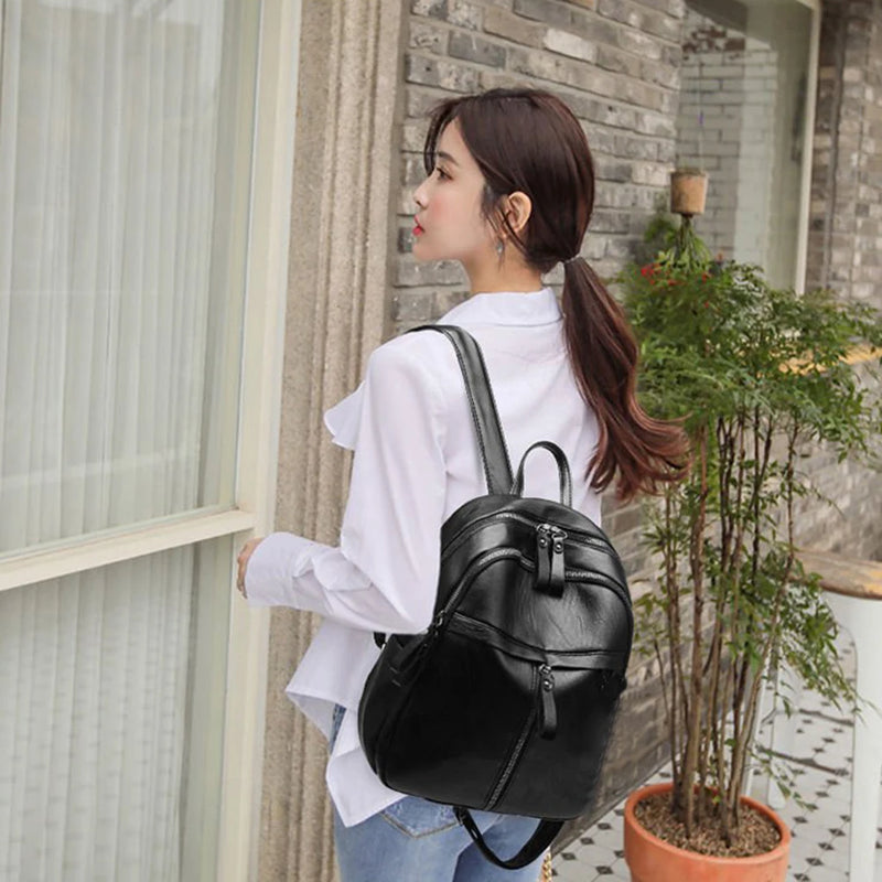 Popular Women Large Capacity Travel Knapsacks Solid Color PU Leather Shoulder Backpacks  Zipper Rucksack-1