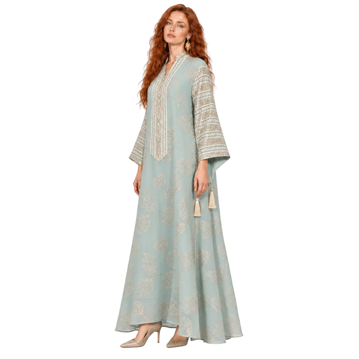 Elegant Green Gold Embroidered Kaftan Lebaran-3