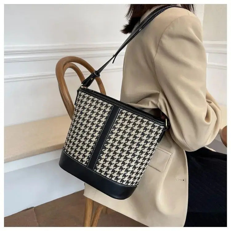 Houndstooth bucket shoulder bag with brown leather trim, adjustable shoulder strap, large-capacity vintage women's tote handbag.-2