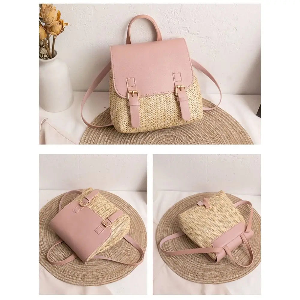 Fashion PU Leather Straw Backpack Retro Design Elegant Look Woven Backpack Luxury Vintage Style Satchel Bag All-match Style-12