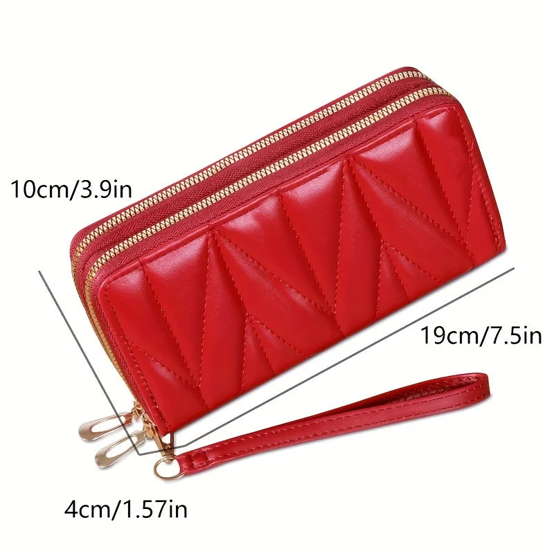 Classic Ladies Double Zip Long Wallet, Casual Style, Faux Leather, Card Holder and Change Bag, Nylon Lined, Zip Pocket-3
