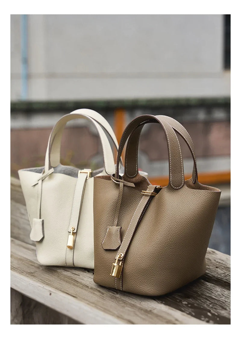 2025 Casual Fashion Female Genuine Leather Bucket Bag Luxury Handbag High-End Tote Bag Woman Cow Leather Mommy Bag & Metal Lock-25
