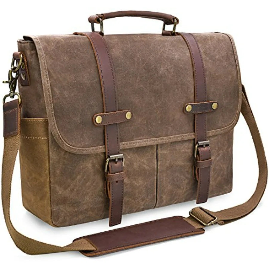 Mens Messenger Bag 15.6 Inch Waterproof Vintage Genuine Leather Waxed Canvas Briefcase Large Leather Computer Laptop Bag Rugged-7