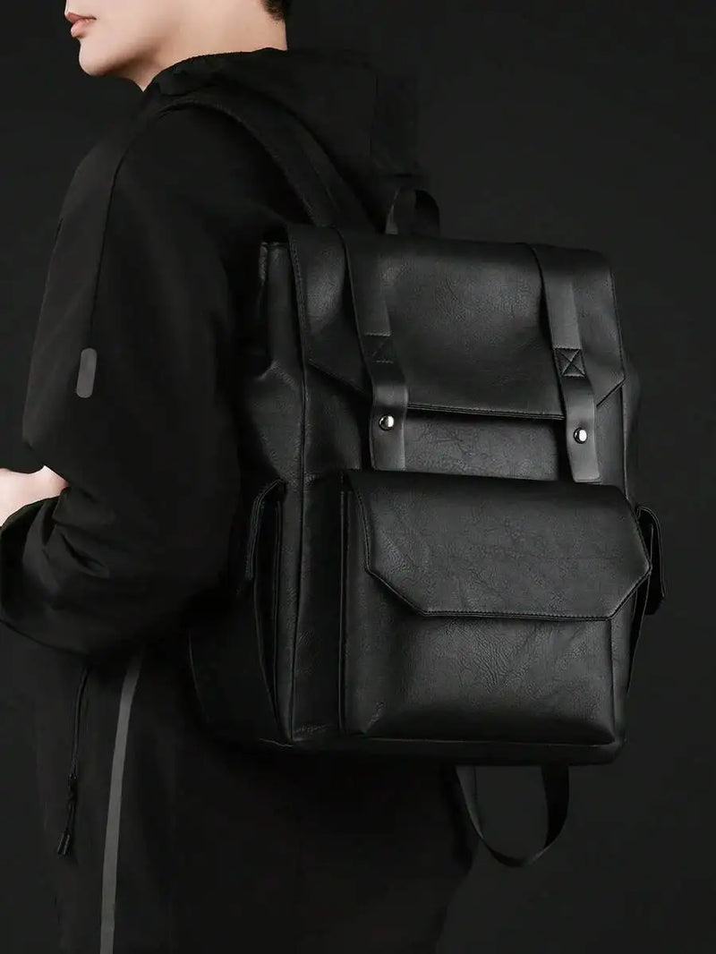 Mens PU Leather Backpack Dual Compartment Water Resistant Large Capacity Business Travel Laptop Bag-4