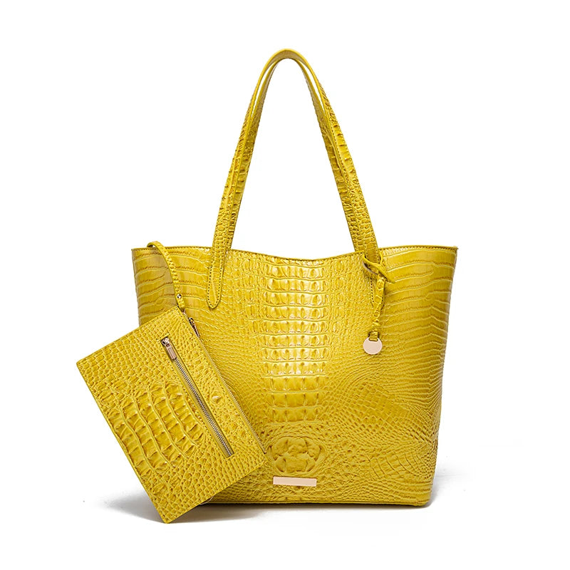Glossy Croc Embossed Tote Bag with Detachable Wristlet Set, Large Capacity Shoulder Tote for Work Travel Beach Outdoor Activitie-22
