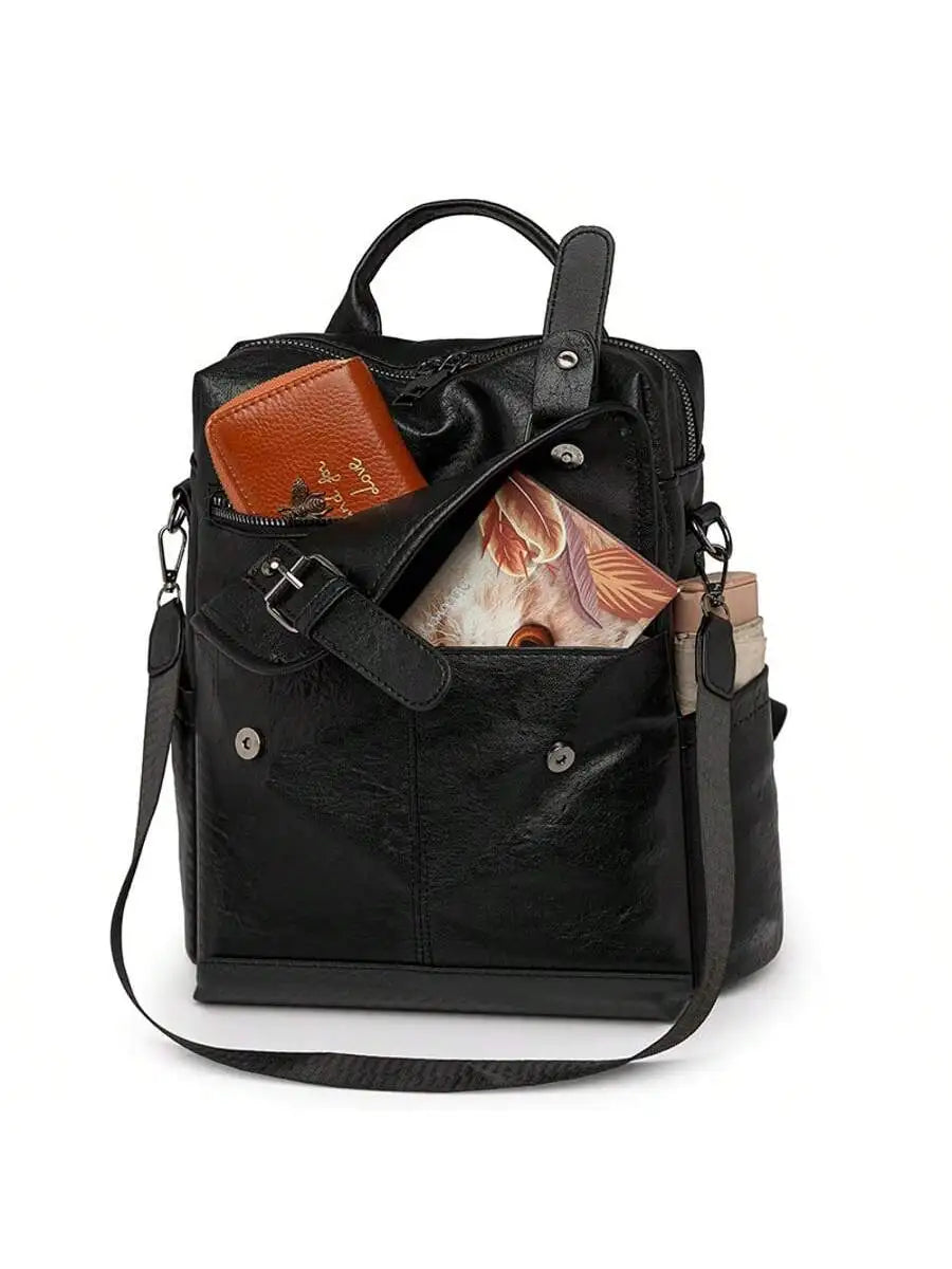 Vintage Soft Leather Womens Backpack With Fringe Multi-Function Travel Bag Black Brown-4