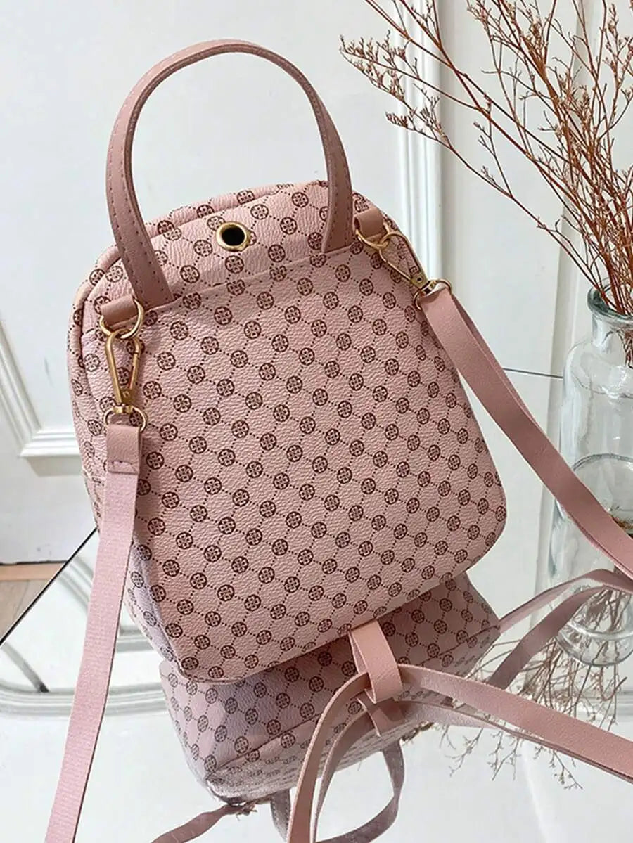 Womens Mini Printed Faux Leather Backpack With Adjustable Strap Casual Zipper Bag Pink-2