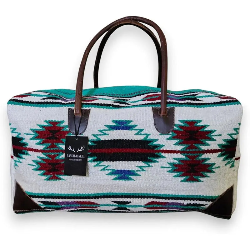 Large Southwestern Aztec Weekender Bag with Handwoven Leather Handles-1