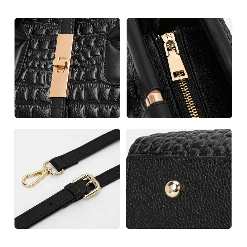 Classic Black Croc Print Cow Leather Handbag Ladies Metal Twist Lock Tote Bag With Detachable Crossbody Shoulder Strap-5