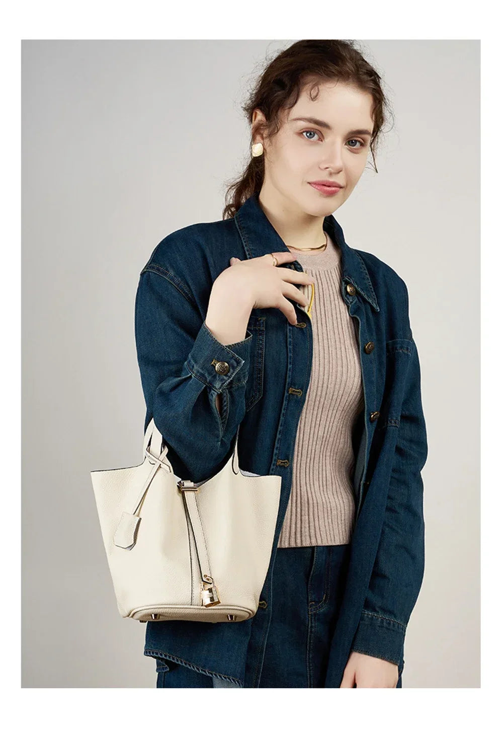 2025 Casual Fashion Female Genuine Leather Bucket Bag Luxury Handbag High-End Tote Bag Woman Cow Leather Mommy Bag & Metal Lock-19