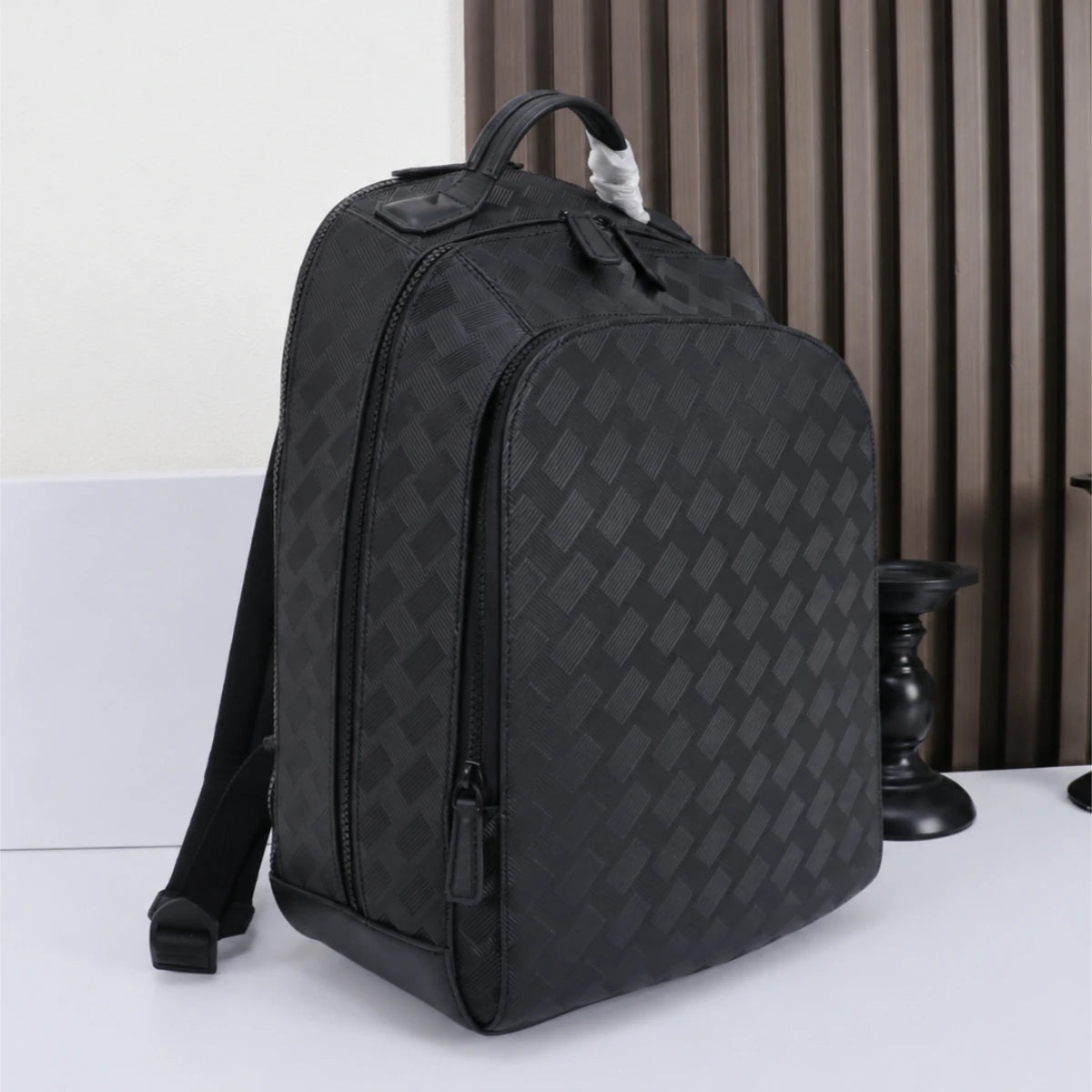 Luxury Designer Men Medium Backpack Genuine Leather 14 Laptop Bag Woven Texture Travel Rucksack Business Daypack Classic Black-3