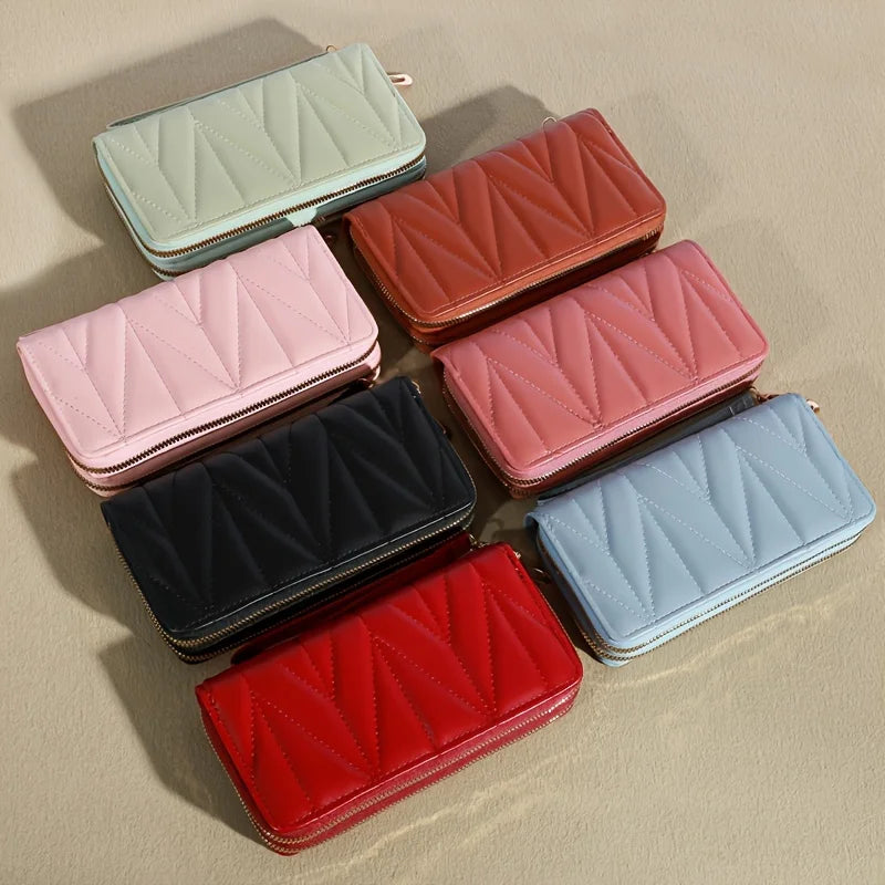 Classic Ladies Double Zip Long Wallet, Casual Style, Faux Leather, Card Holder and Change Bag, Nylon Lined, Zip Pocket