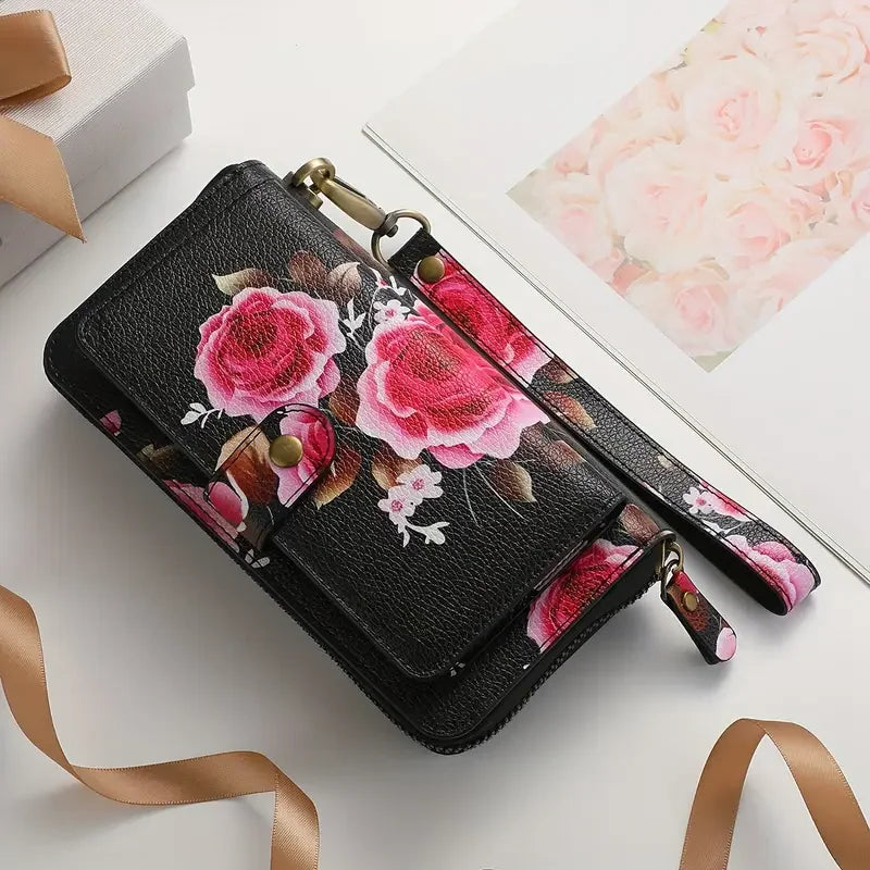Elegant Floral PU Leather Clutch Wallets for Women- Zipper Handbag Fashion Large Capacity Long Wallet Clutch Bag Phone Bag Multi-card Card Holder Coin Purse for Women Wallet Set Includes bow accessory-7