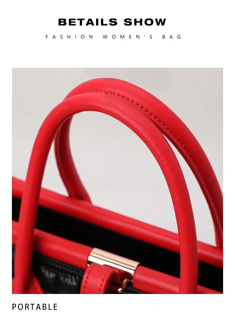 New Croc Texture Cowhide Tote Bag Women Red Contrast Handle Metal Lock Adjustable Crossbody Daily Handbag-19