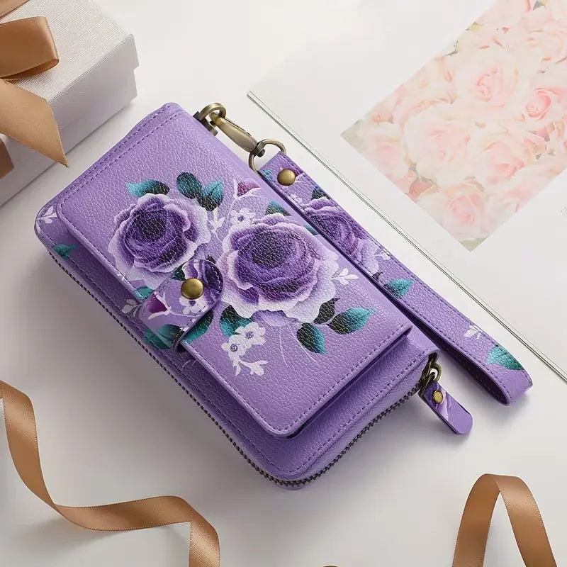 Elegant Floral PU Leather Clutch Wallets for Women- Zipper Handbag Fashion Large Capacity Long Wallet Clutch Bag Phone Bag Multi-card Card Holder Coin Purse for Women Wallet Set Includes bow accessory-8