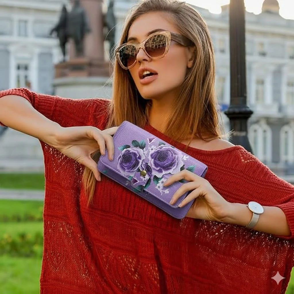 Elegant Floral PU Leather Clutch Wallets for Women- Zipper Handbag Fashion Large Capacity Long Wallet Clutch Bag Phone Bag Multi-card Card Holder Coin Purse for Women Wallet Set Includes bow accessory-1