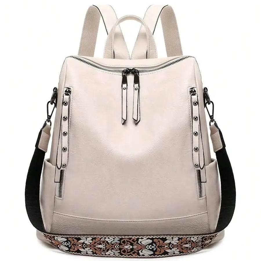 Vegan Leather Backpack For Women With Rivet Decoration And Floral Pattern-7