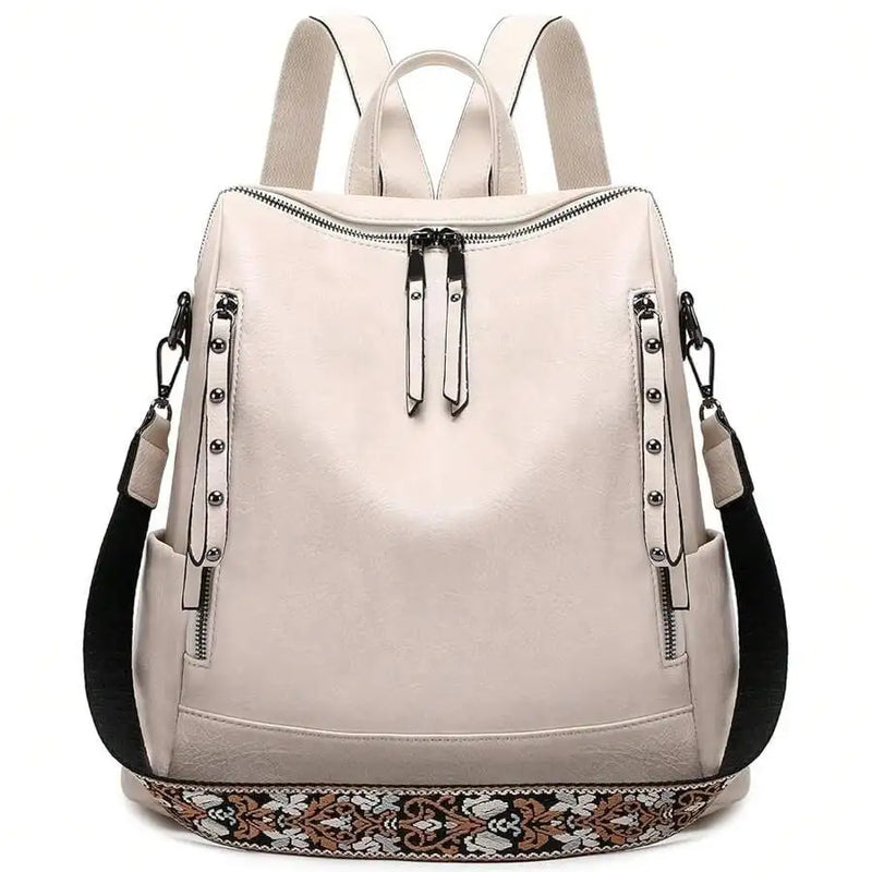 Vegan Leather Backpack For Women With Rivet Decoration And Floral Pattern-7