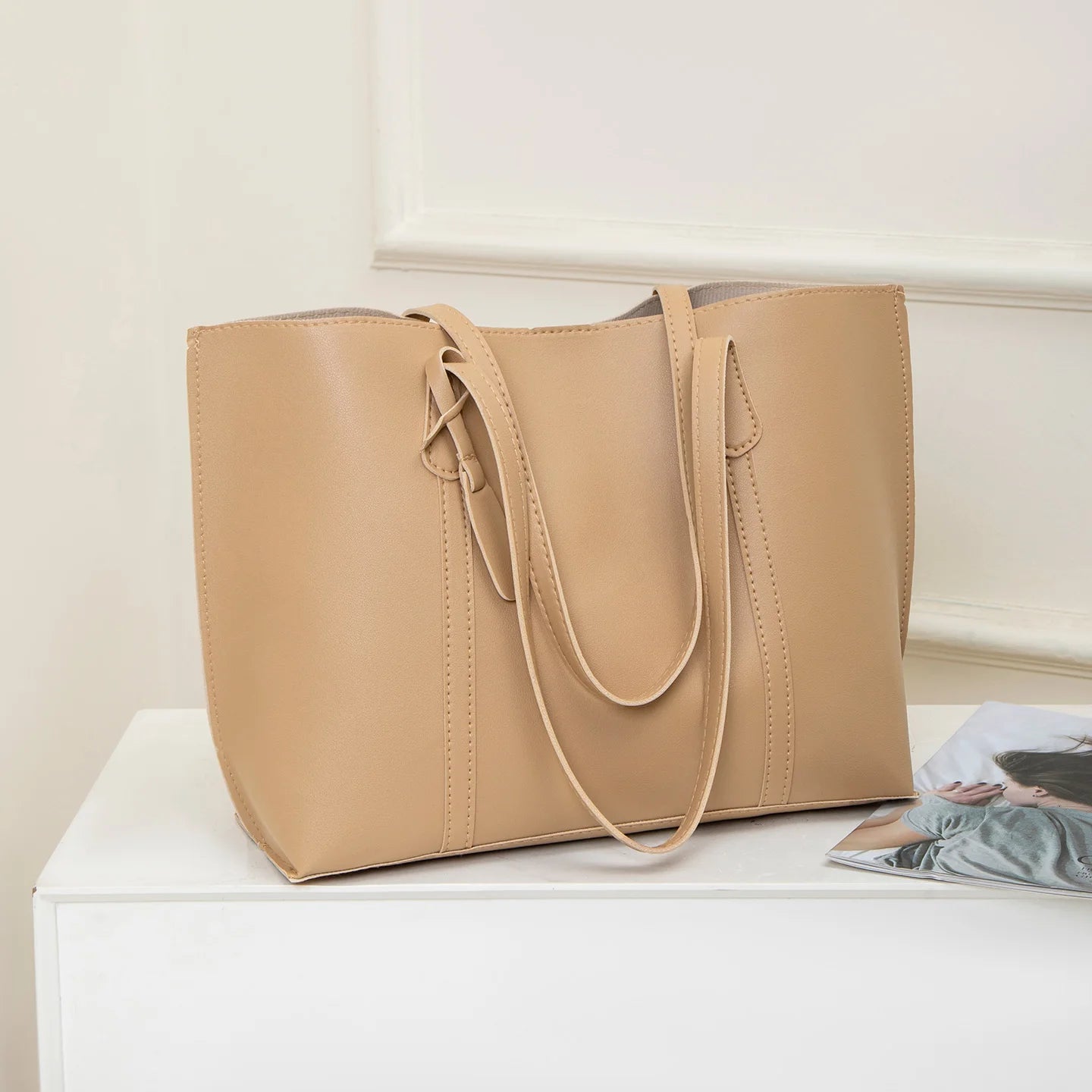 Tote Bag Solid Plain Lightweight Large Capacity PU Leather Shoulder Handbag Portable Travel Daily Women-3