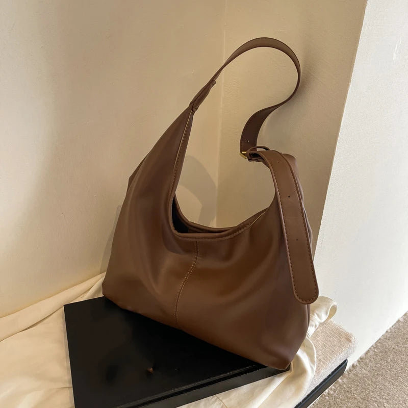 Women Hobo Bag Simple PU Leather Solid Shoulder Bag Fashion Large Capacity Tote Handbag Slouchy Underarm Bag-1