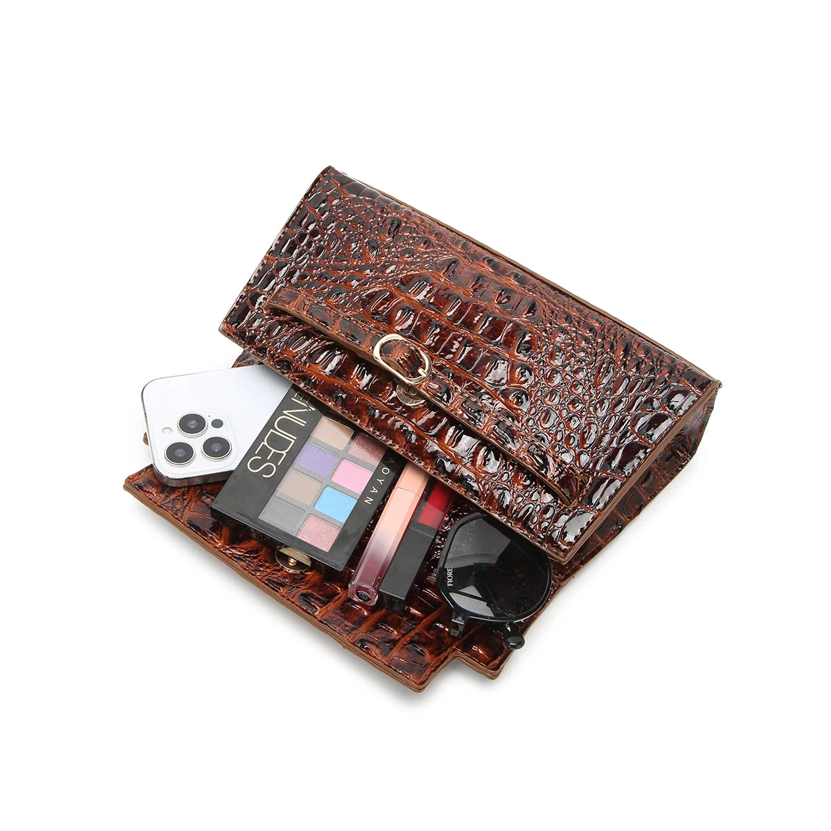 Women Rectangular Shoulder Crossbody Bag with Strap, Croc Embossed Structured Flap Handbag, Lightweight Pouch for Outdoor Camping Commute, Magnetic Snap Closure Multi Compartment Sling Purse for Phone Cosmetics Essentials-8