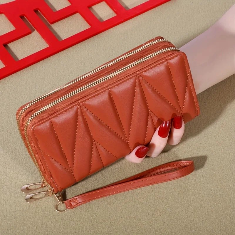 Classic Ladies Double Zip Long Wallet, Casual Style, Faux Leather, Card Holder and Change Bag, Nylon Lined, Zip Pocket-12