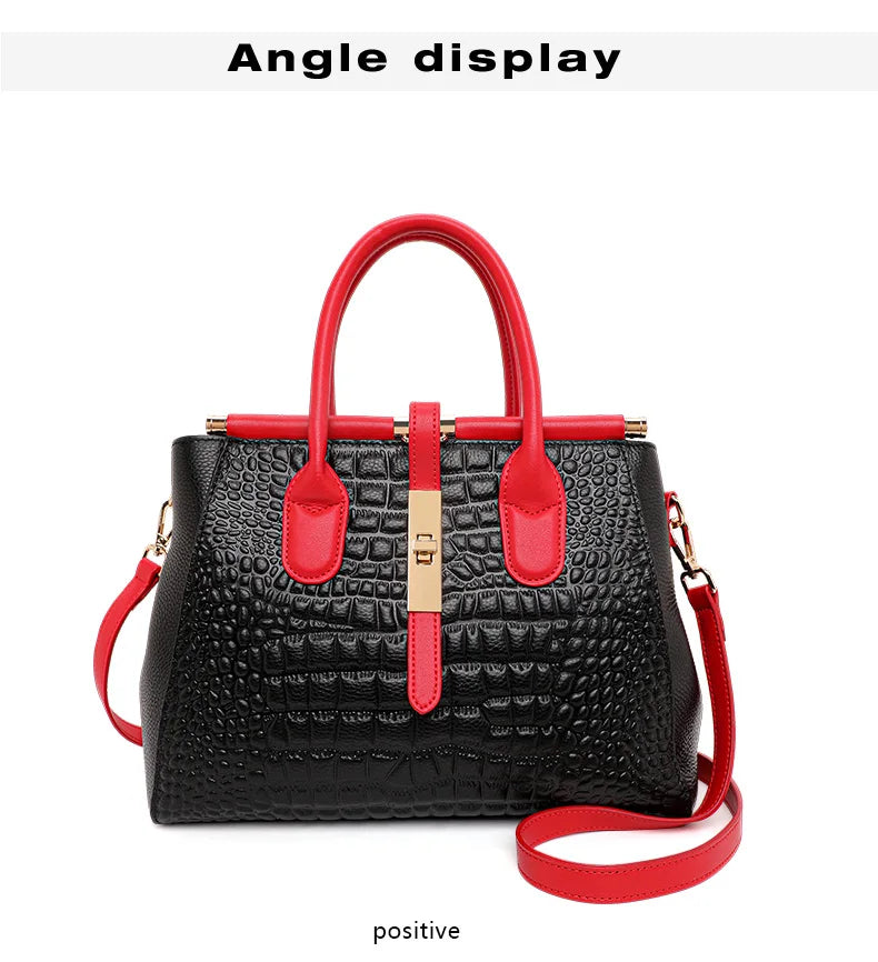 New Croc Texture Cowhide Tote Bag Women Red Contrast Handle Metal Lock Adjustable Crossbody Daily Handbag-14