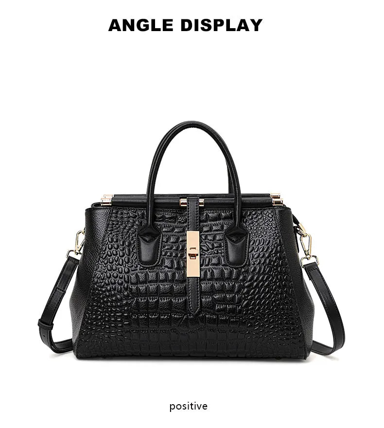 Classic Black Croc Print Cow Leather Handbag Ladies Metal Twist Lock Tote Bag With Detachable Crossbody Shoulder Strap-14