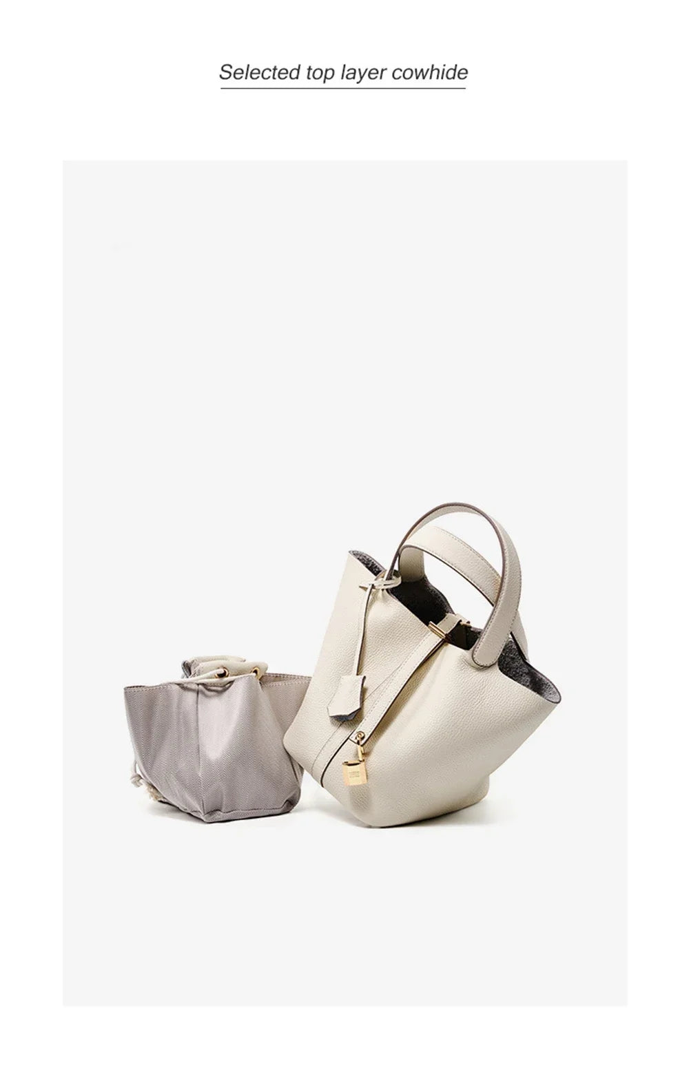 2025 Casual Fashion Female Genuine Leather Bucket Bag Luxury Handbag High-End Tote Bag Woman Cow Leather Mommy Bag & Metal Lock-13