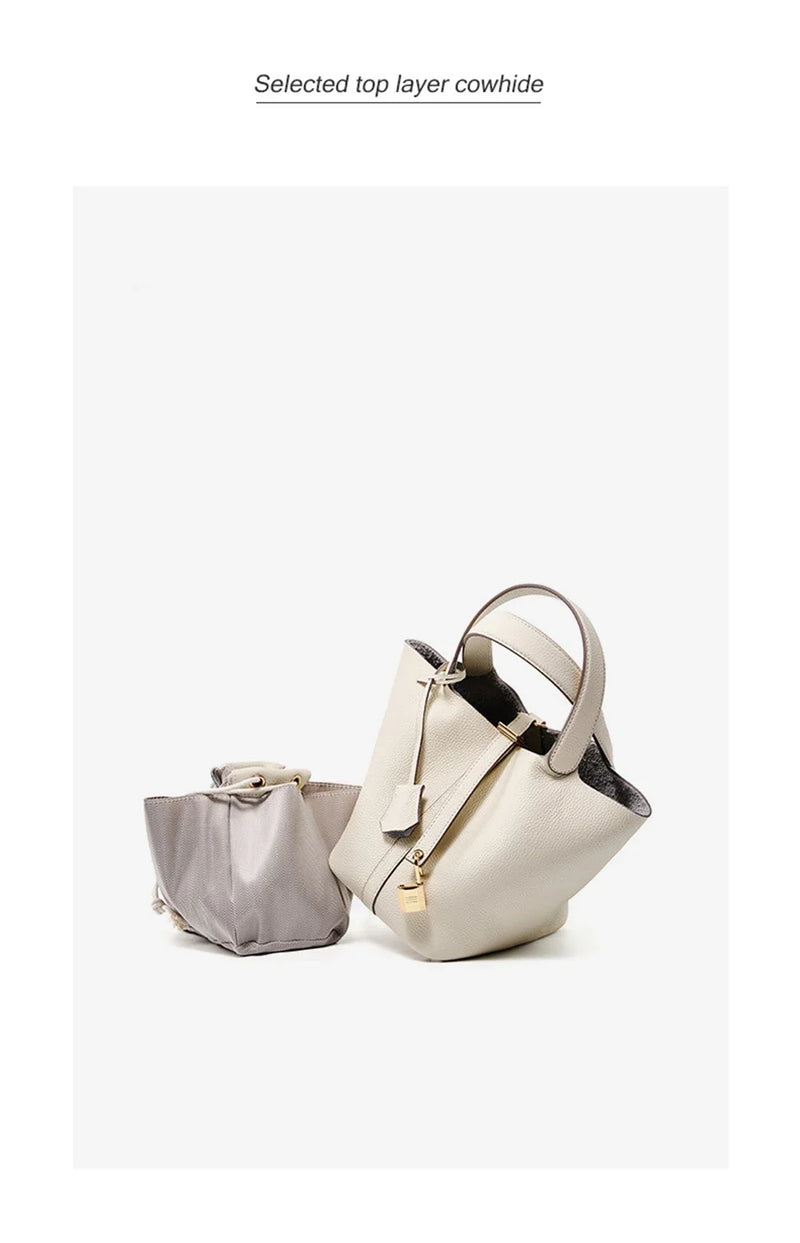 2025 Casual Fashion Female Genuine Leather Bucket Bag Luxury Handbag High-End Tote Bag Woman Cow Leather Mommy Bag & Metal Lock-13