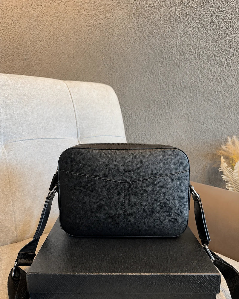 Luxury Men Messenger Bag Saffiano Leather Crossbody Bag Small Business Shoulder Bag Casual Sling Satchel Designer Purse Classic Black-7