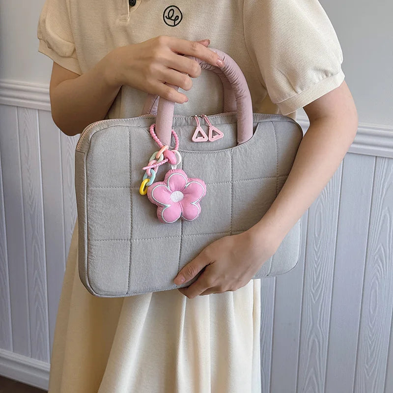 Cute Decor Laptop Handbag 11-15 Inch Notebook Sleeve Student Daily Floral Pendant Solid Color Storage Pouch