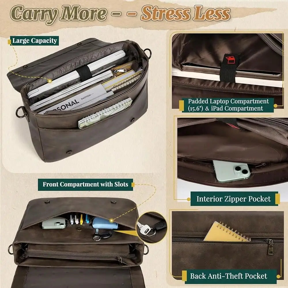 Vintage Flap Messenger Bag For Men PU Leather Laptop Bag 15.6 Inch Mens Briefcase Waterproof Satchel Computer Bag-9