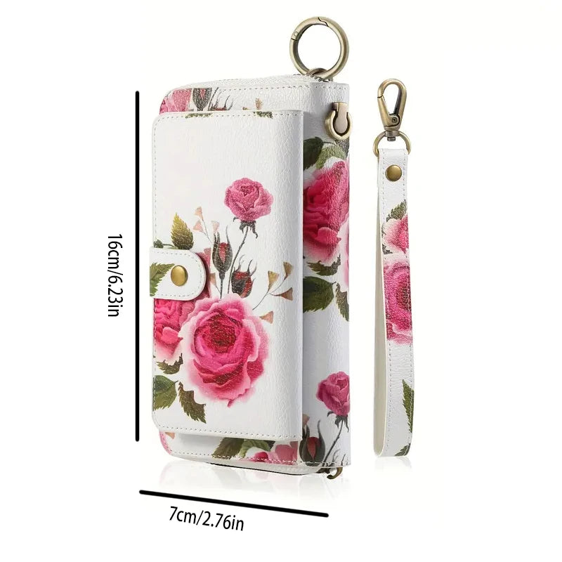 Elegant Floral PU Leather Clutch Wallets for Women- Zipper Handbag Fashion Large Capacity Long Wallet Clutch Bag Phone Bag Multi-card Card Holder Coin Purse for Women Wallet Set Includes bow accessory-3
