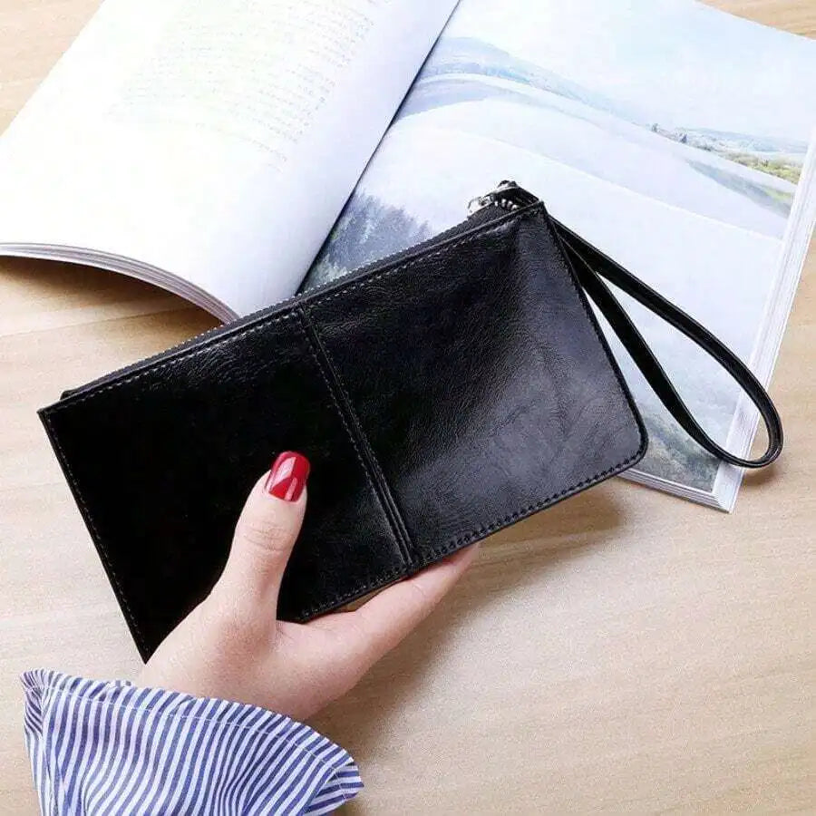 Women Vintage Oil Wax Leather Zipper Clutch Wristlet Wallet Large Capacity Card Holder-4