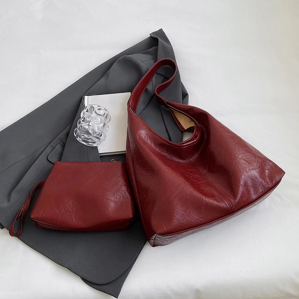 Women Leather Shoulder Bag Versatile Soft Underarm Bag Soft Hobo Bag and Clutch 2pcs Shoulder Bag and Handbag Set Shopping Bag-13