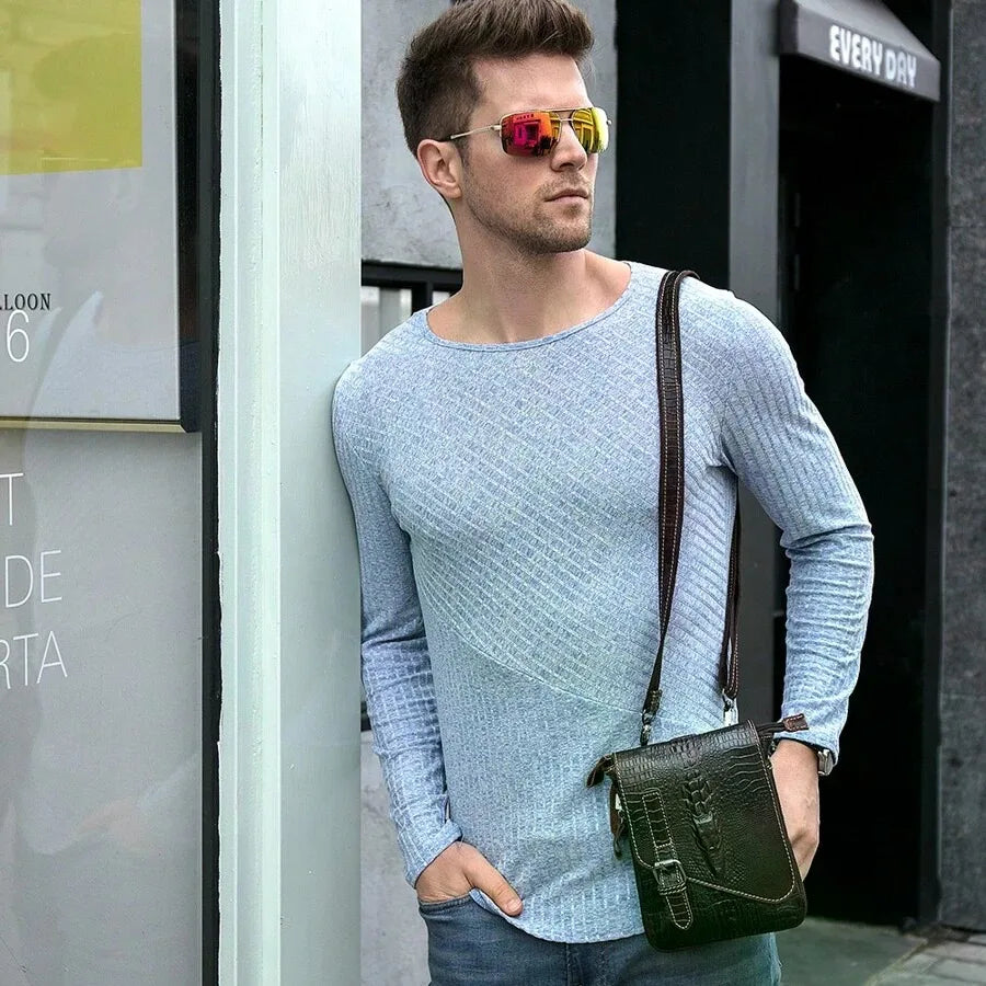 Crocodile Grain First Layer Cowhide Leather Men's Bag Flap Business Men's Shoulder Bag Crossbody Bag-6